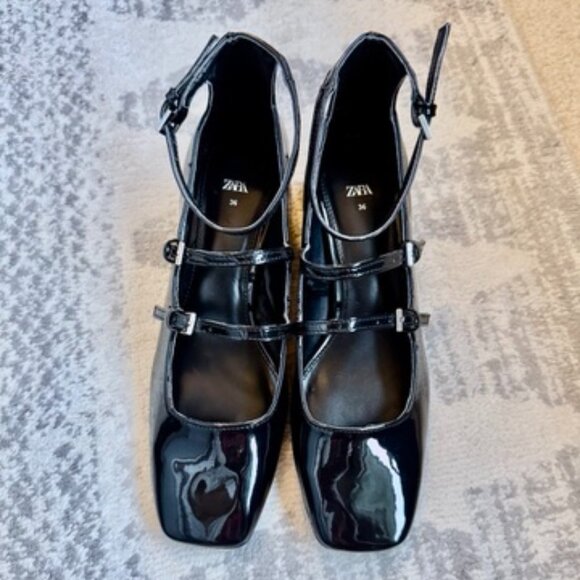 Zara Black Patent Double Strap Low Block Heel Mary Janes - Picture 2 of 15